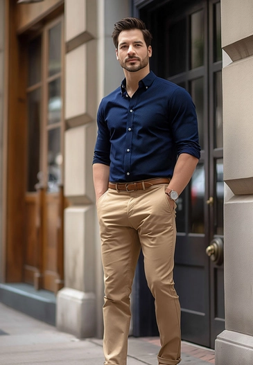 Beige pants and blue shirt