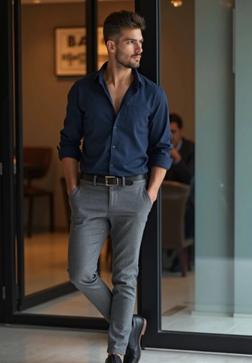 Grey pants and blue shirt