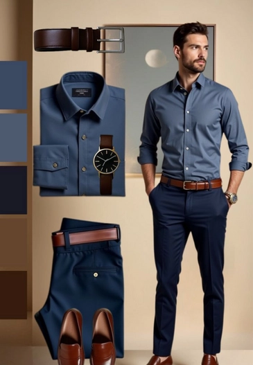 Navy pants and blue shirt