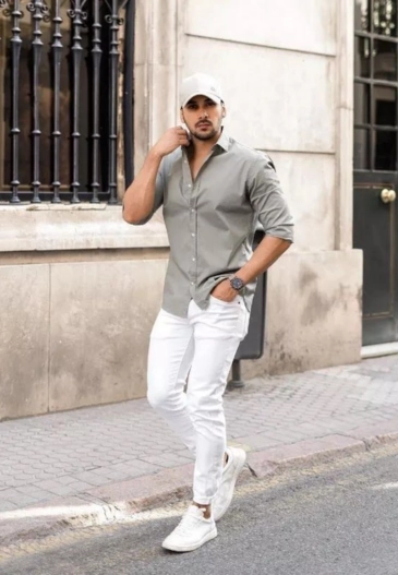 Man In Grey Shirt And White Pants