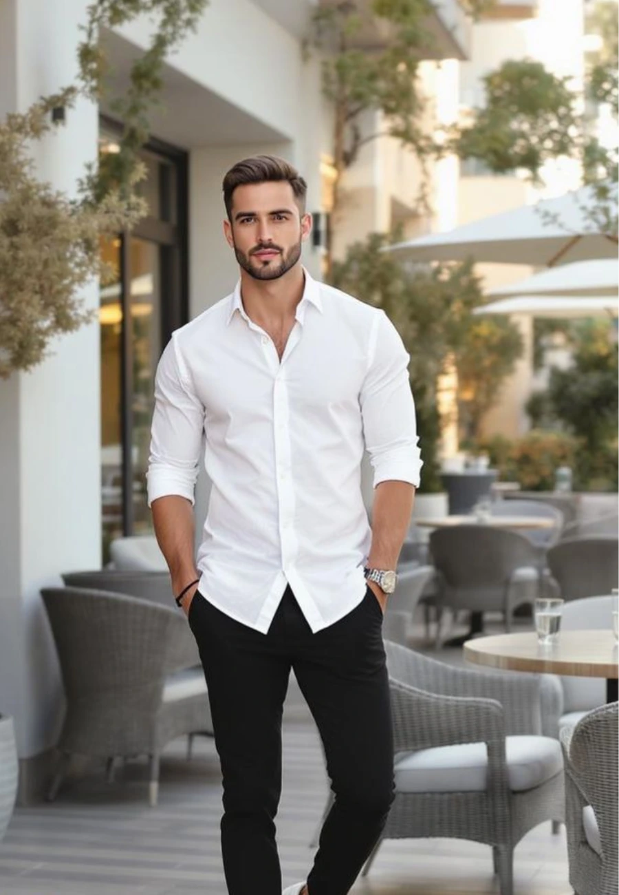 Man in white shirt and black trousers.