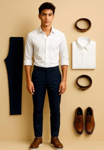 White shirt, navy pants, brown shoes