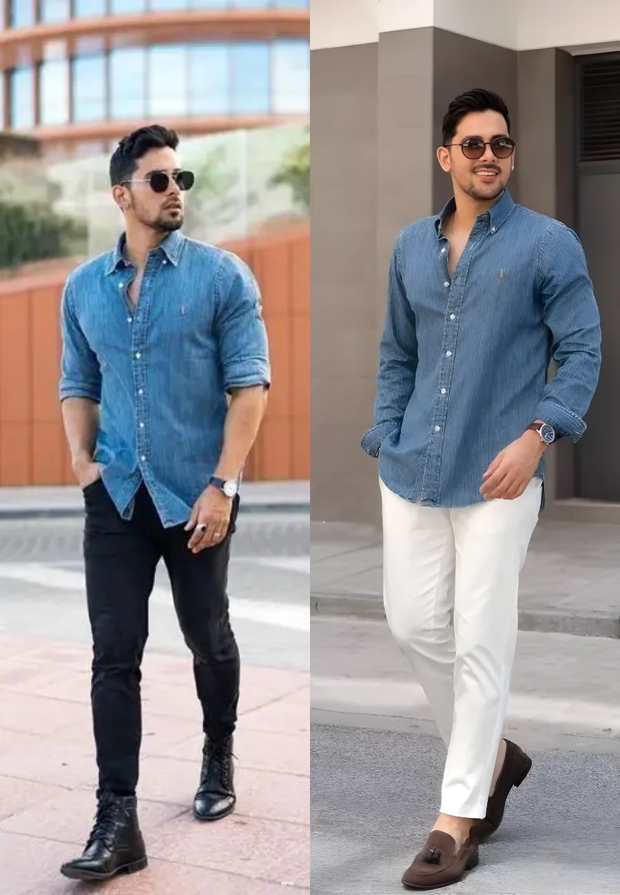 Man wearing denim shirt black pants