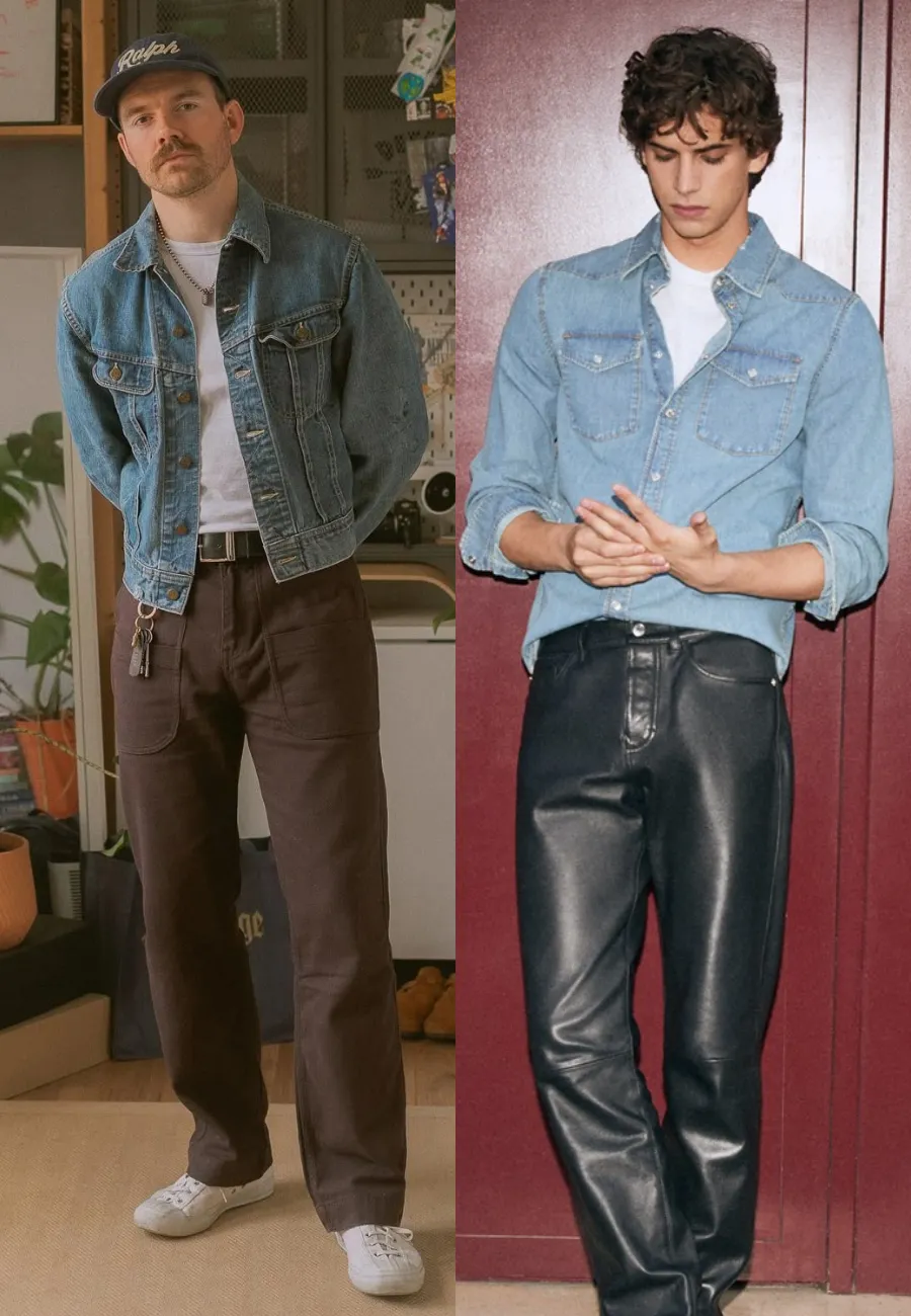 Man wearing denim jacket brown pants