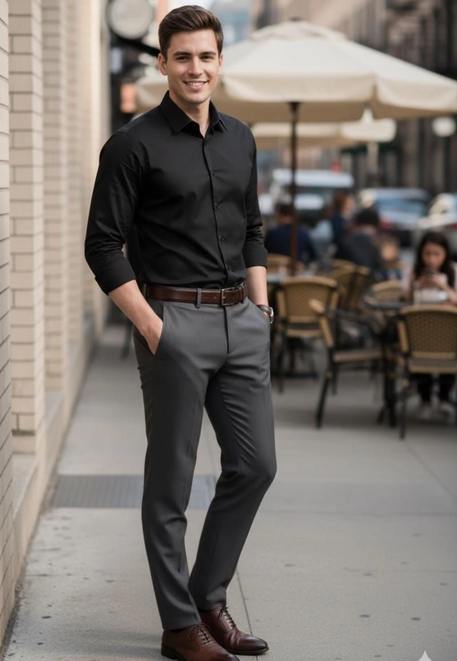 Man in black shirt and grey trousers.