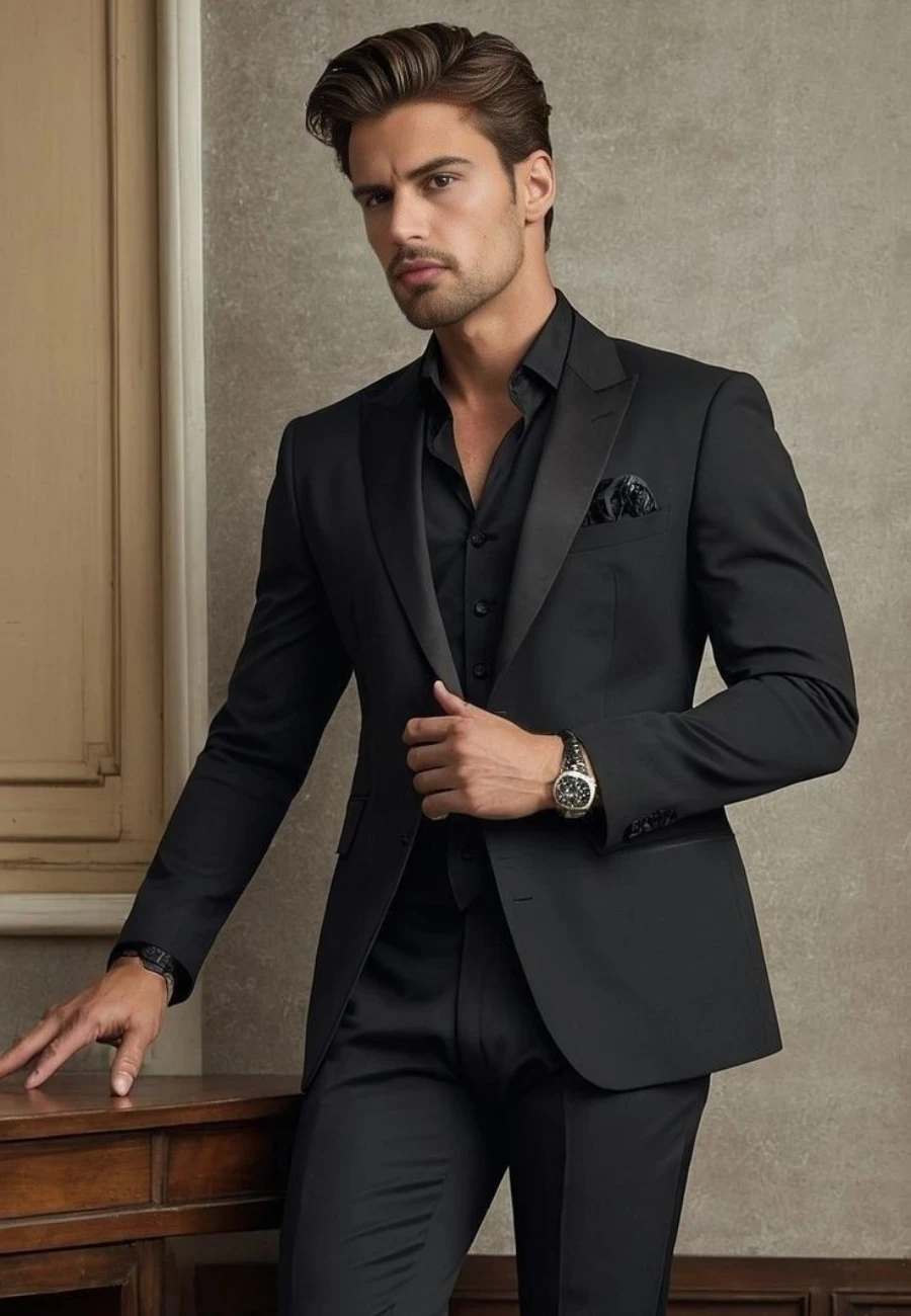 Man in black suit and black shirt.