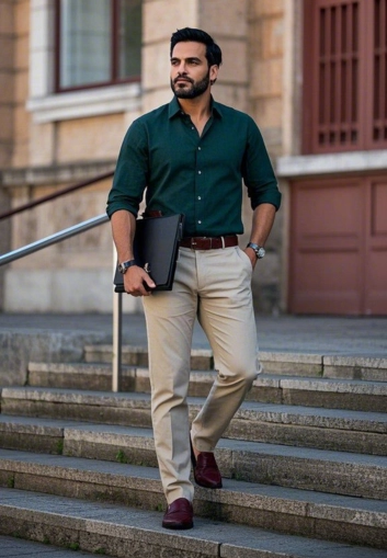 Green shirt with beige pants, stylish look.