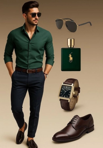 Green shirt with beige and black pants, accessories included.