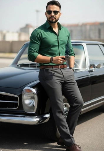 Green shirt paired with grey pants, stylish look for men.