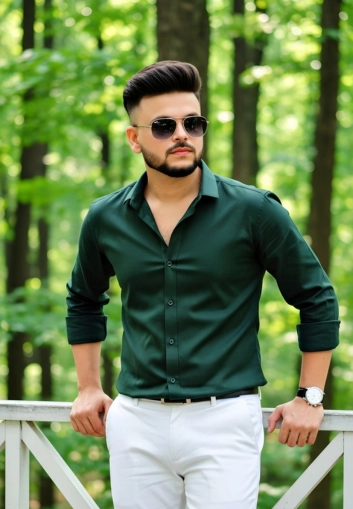 Green shirt and white pants stylish outfit.