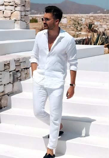 Stylish man in white shirt, pants