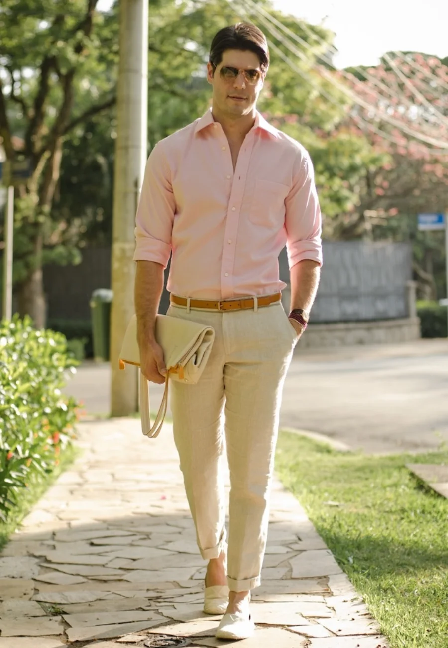 Pink shirt with beige pants outfit