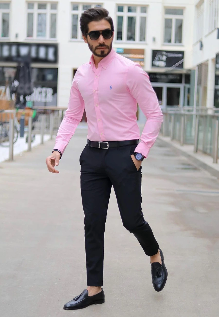 Pink shirt with black pants style