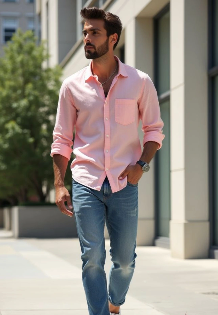 Pink shirt with blue jeans outfit