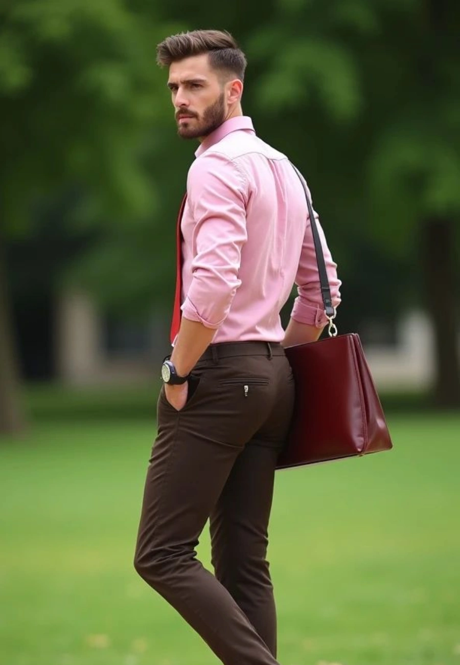 Pink shirt with dark brown trousers