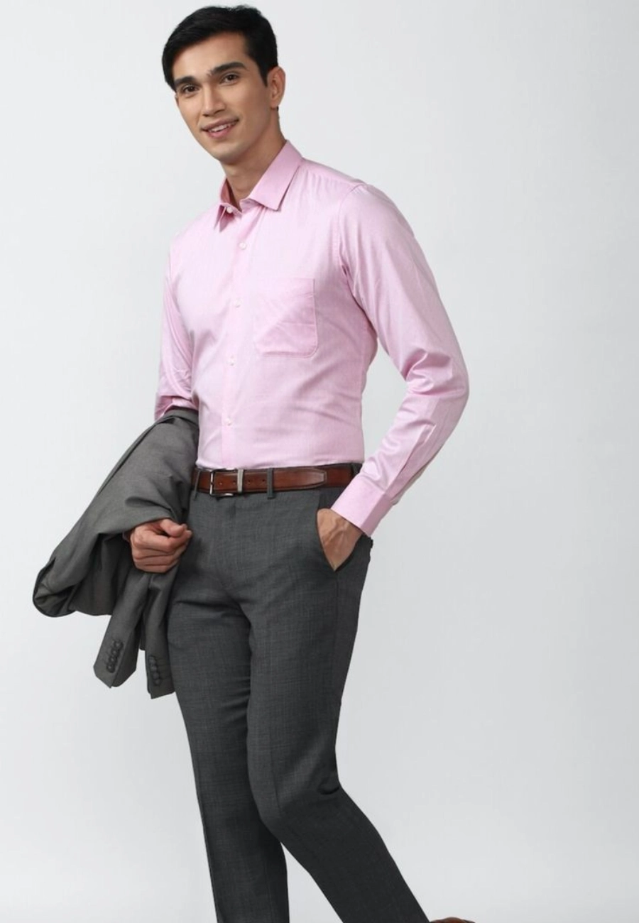 Pink shirt with grey formal trousers