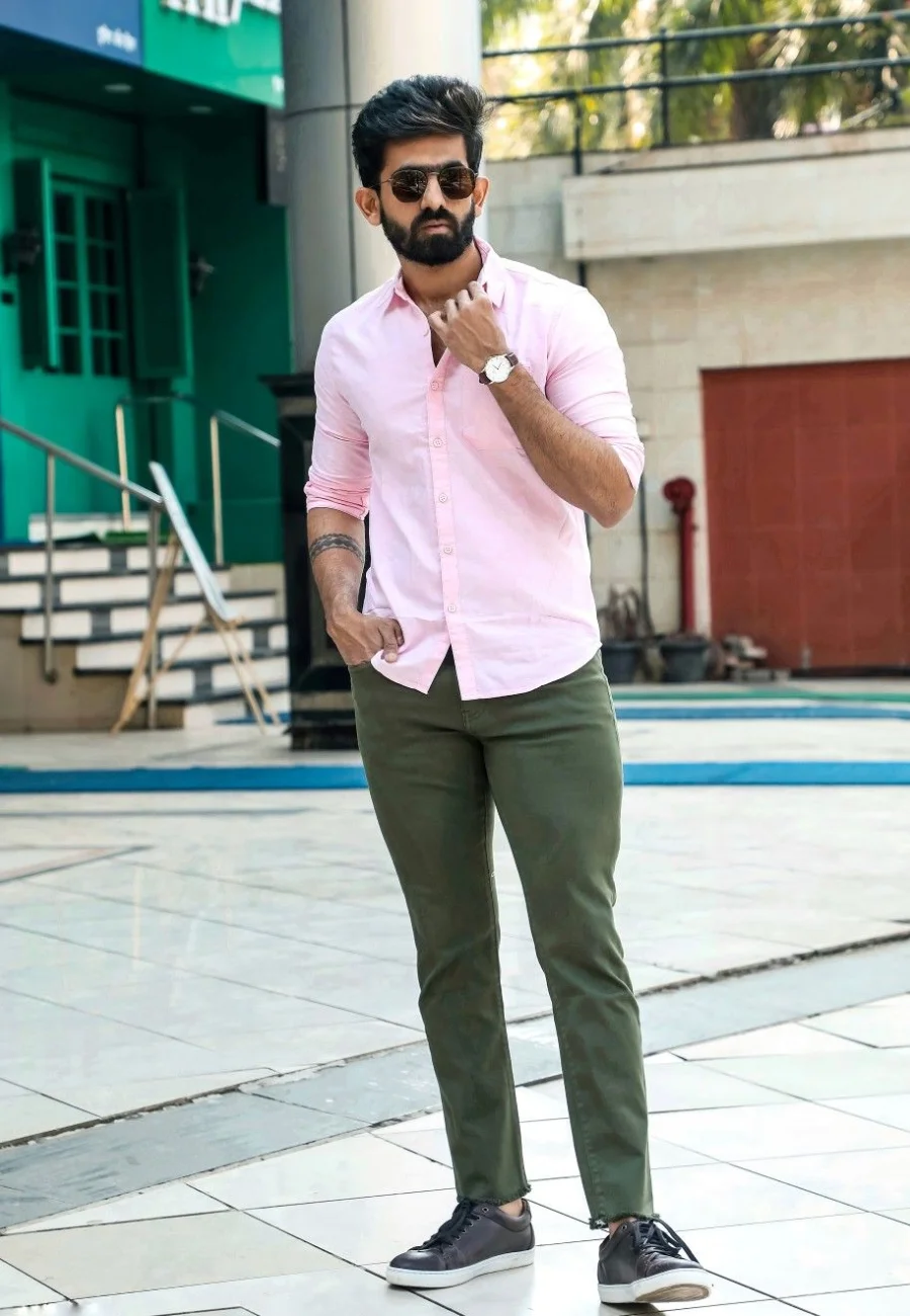 Pink shirt with olive green pants