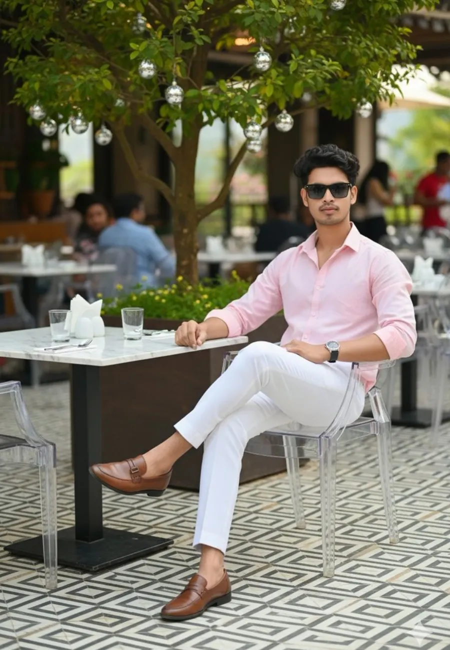 Pink shirt with white pants outfit