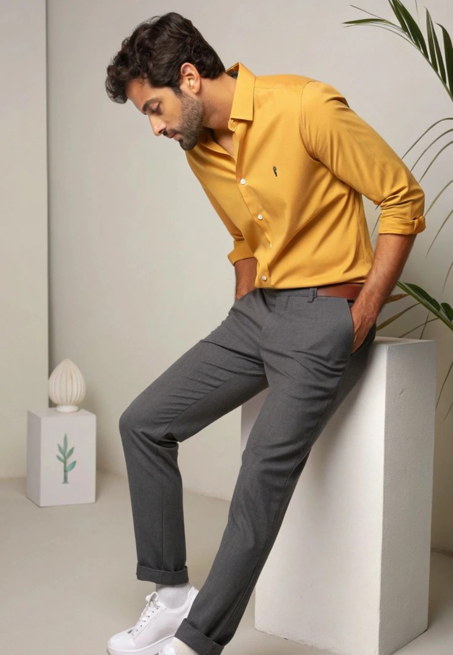 Men’s Mustard Shirt Grey Pants Outfit