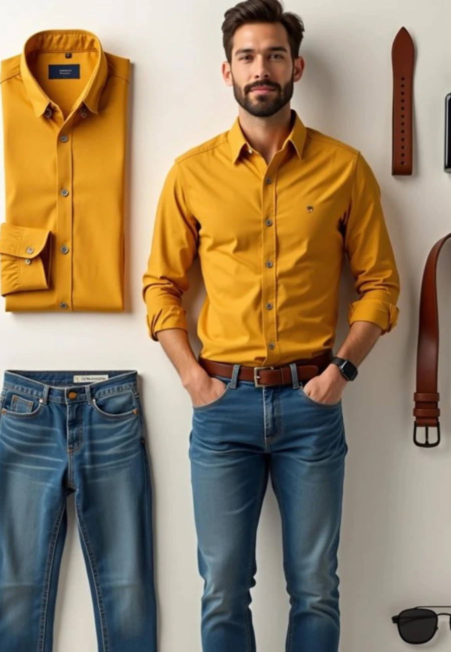 Man wearing mustard shirt and blue jeans