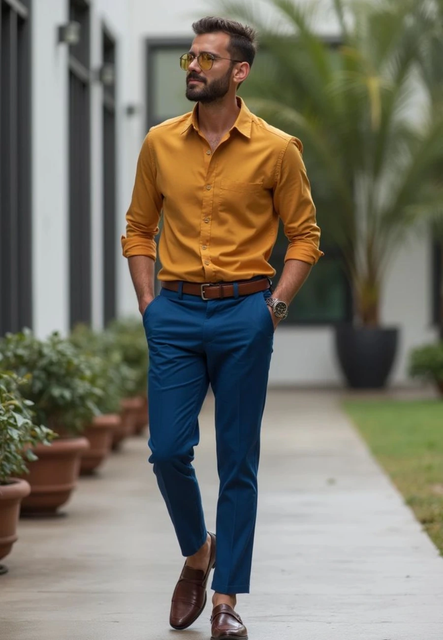 Man wearing mustard shirt and blue pants