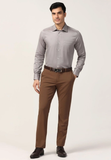 Man Wearing Grey Shirt Brown Pants