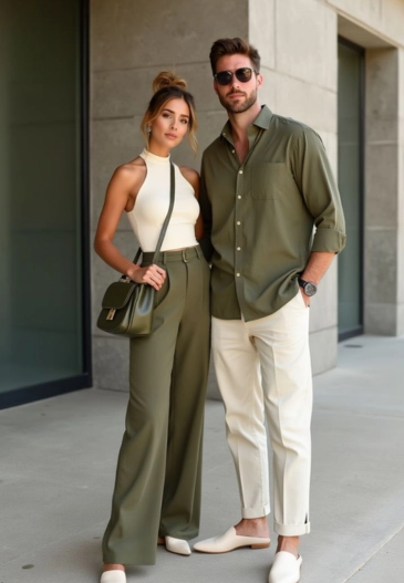 Couple in olive green and white