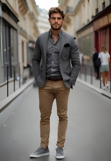 Man Wearing Grey Blazer Khaki Pants