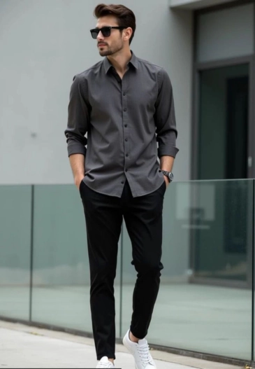 Man Wearing Grey Shirt Black Pants