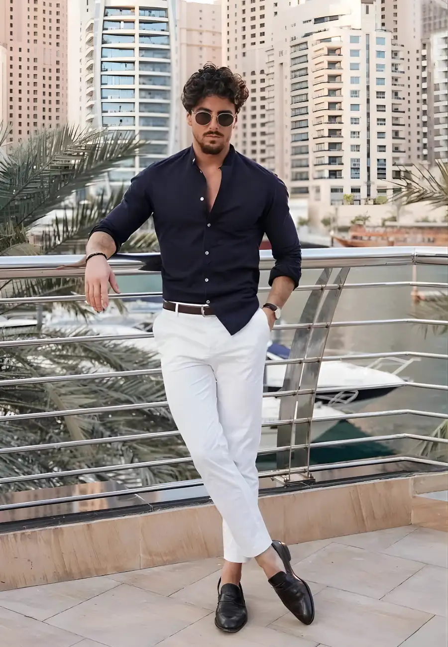 Man in navy shirt and white trousers.