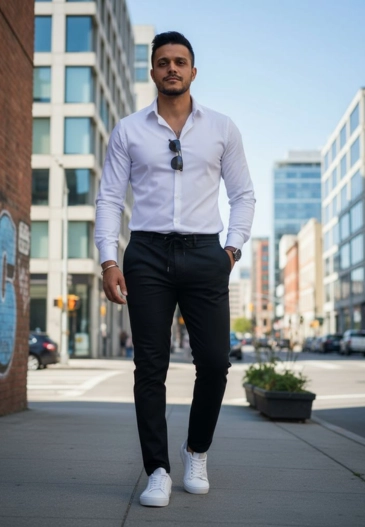 Stylish white shirt, black pants