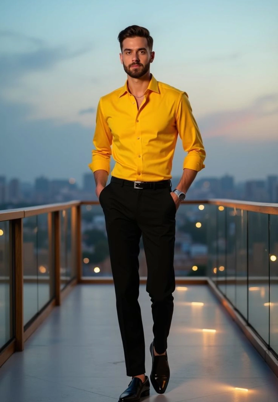 Man wearing yellow shirt and black pants