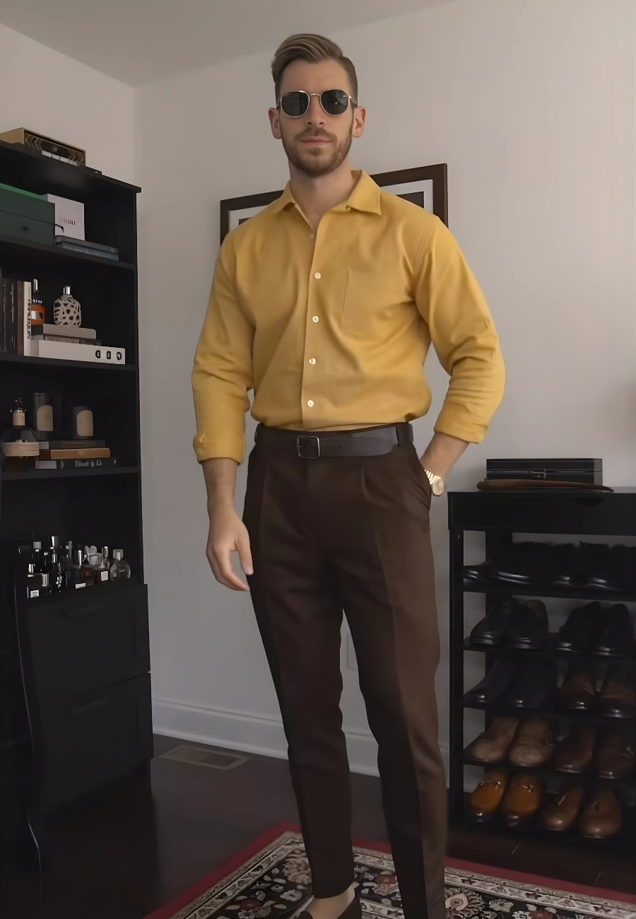 Man wearing yellow shirt and brown pants