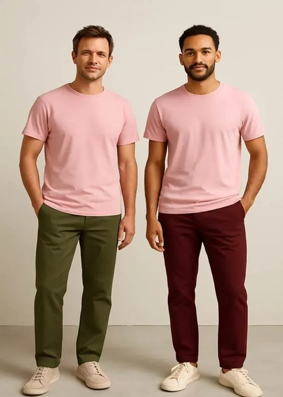 Two men wearing pink t-shirts outfits