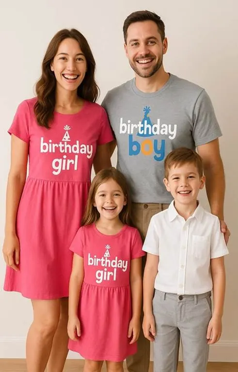 Family in matching birthday t-shirts, posing together.