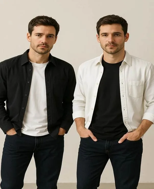 Black and white shirts with jeans.
