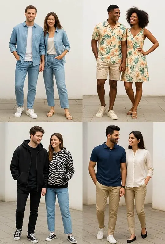 Couples wearing coordinated casual outfits together.