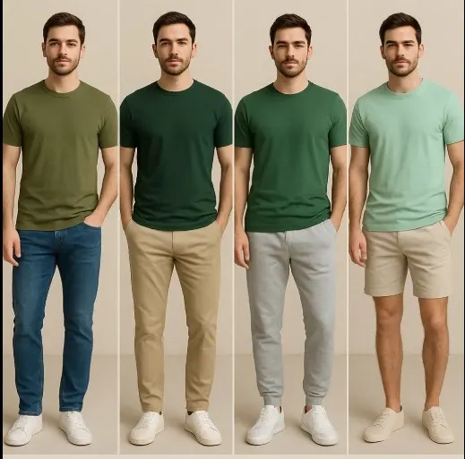 Green T-shirt with blue, beige, grey pants, casual outfit.