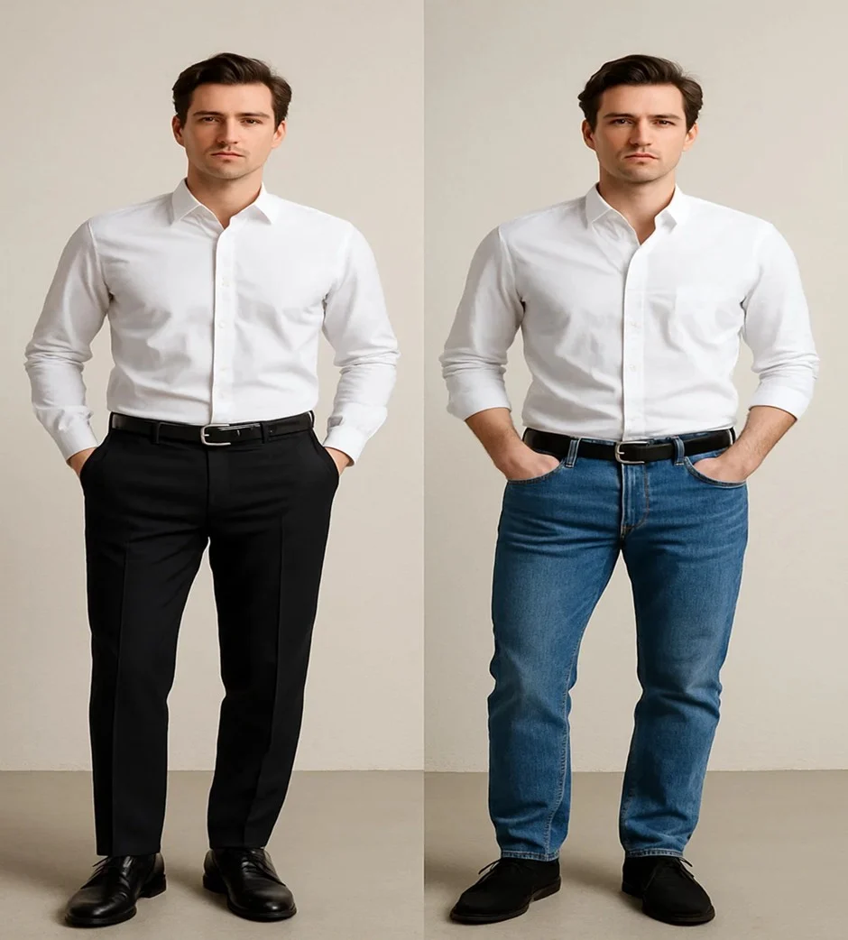 White shirt with black pants, jeans