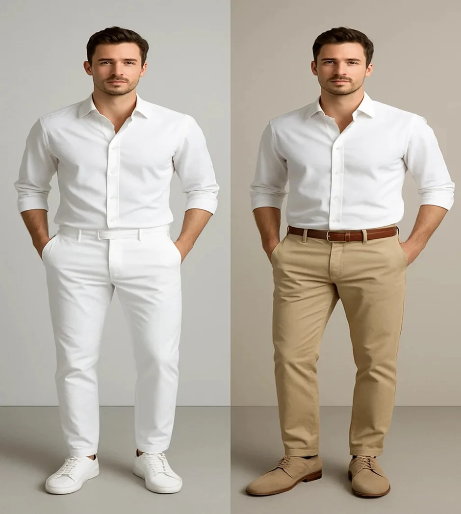 Man in white shirt, beige pants