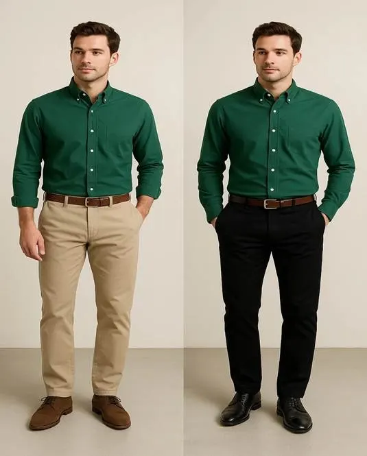 Green shirt, beige pants, black pants combination.