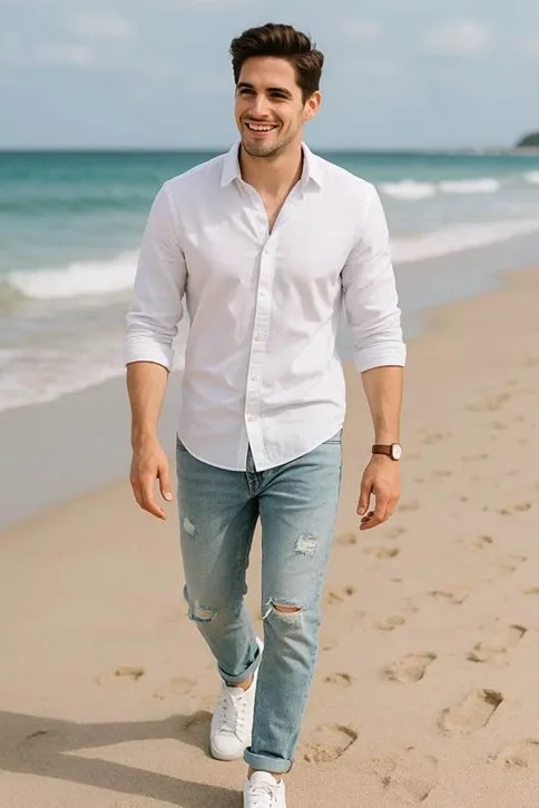 Stylish white shirt and ripped jeans
