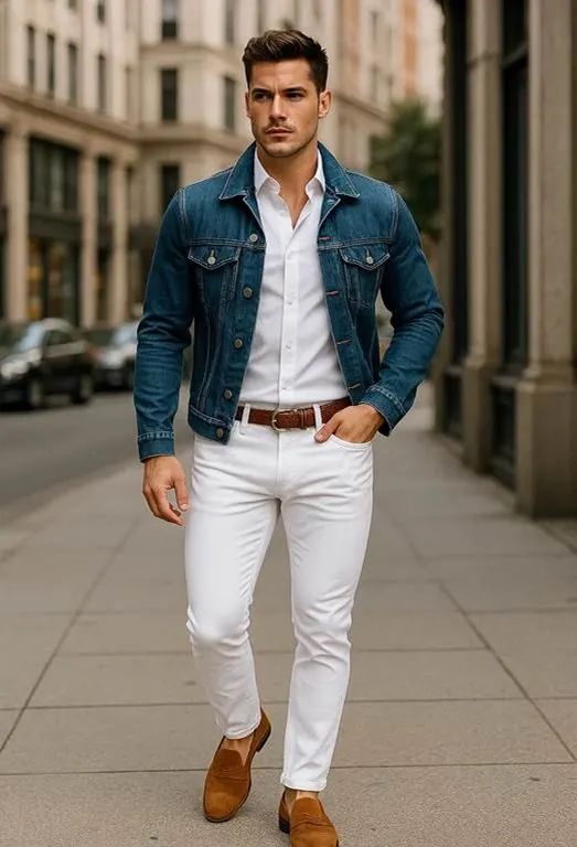 Denim jacket, white shirt, white pants