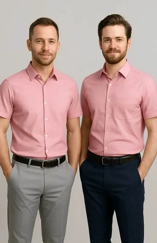 Two men wearing pink short shirts