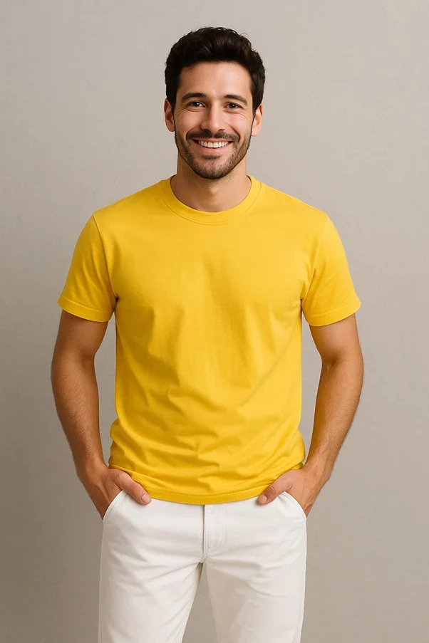 Man wearing yellow t-shirt white pants