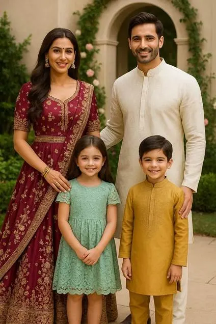 Family in matching traditional attire, posing together.