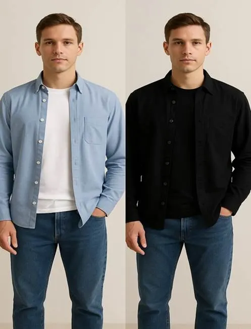 Men's casual shirt outfits in blue and black.