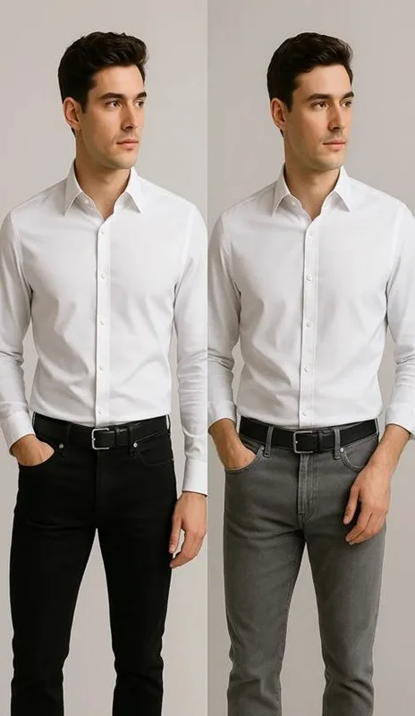 White shirt, black, grey pants