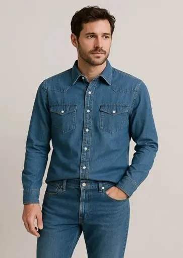 Man wearing stylish blue denim outfit