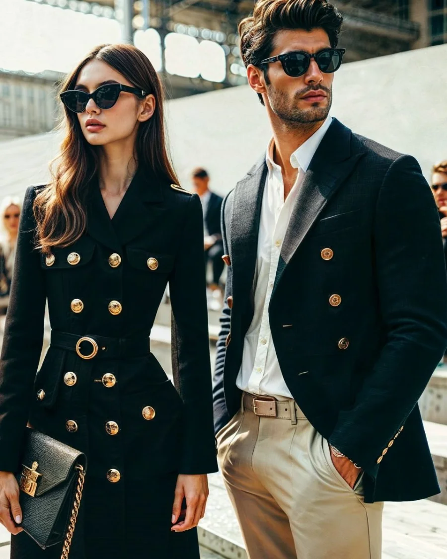 Couple dressed in formal, stylish outfits with sunglasses.